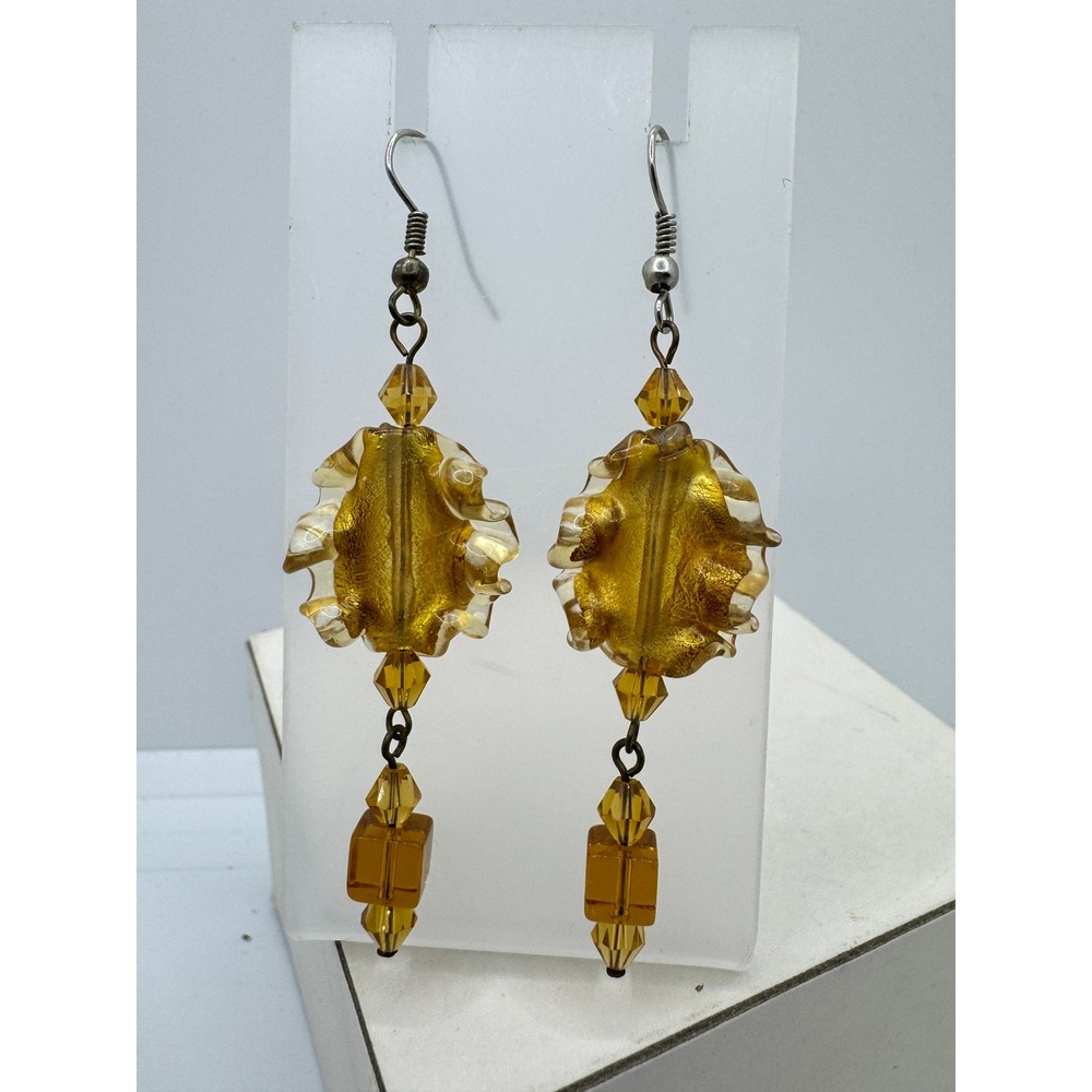 Artisan Murano Style Gold Foil Glass Ruffled Dangle Earrings Amber 3 Inch Drop